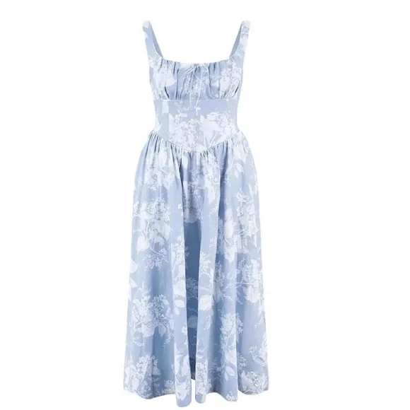 Reformation Balia Linen Dress Angelic Floral Blue Midi NWT Size 12 | retail 278$ - Picture 8 of 11